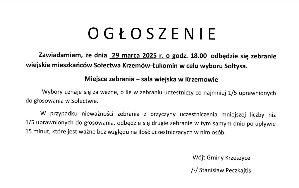 Zebranie wiejskie mieszkańców Sołectwa Krzemów-Łukomin w celu wyboru Sołtysa. 