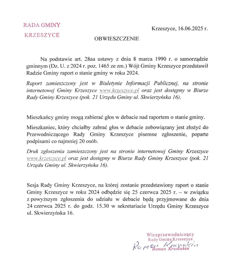 Informacja dla mieszkańców